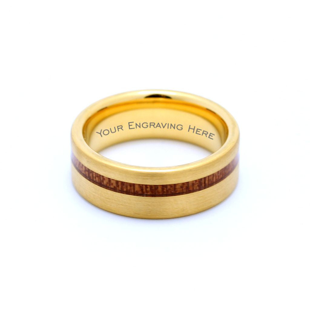 Men's Brushed Gold Tungsten Ring with Offset Wood Inlay