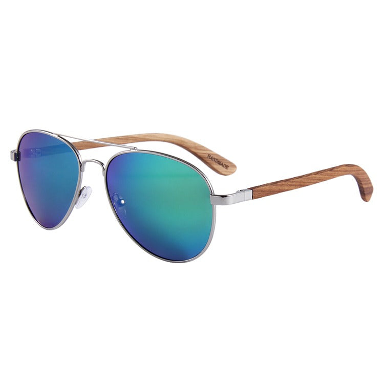 MAVERICK GREEN Aviator Silver Sunglasses Polarised Mirror Lens Wooden Arms