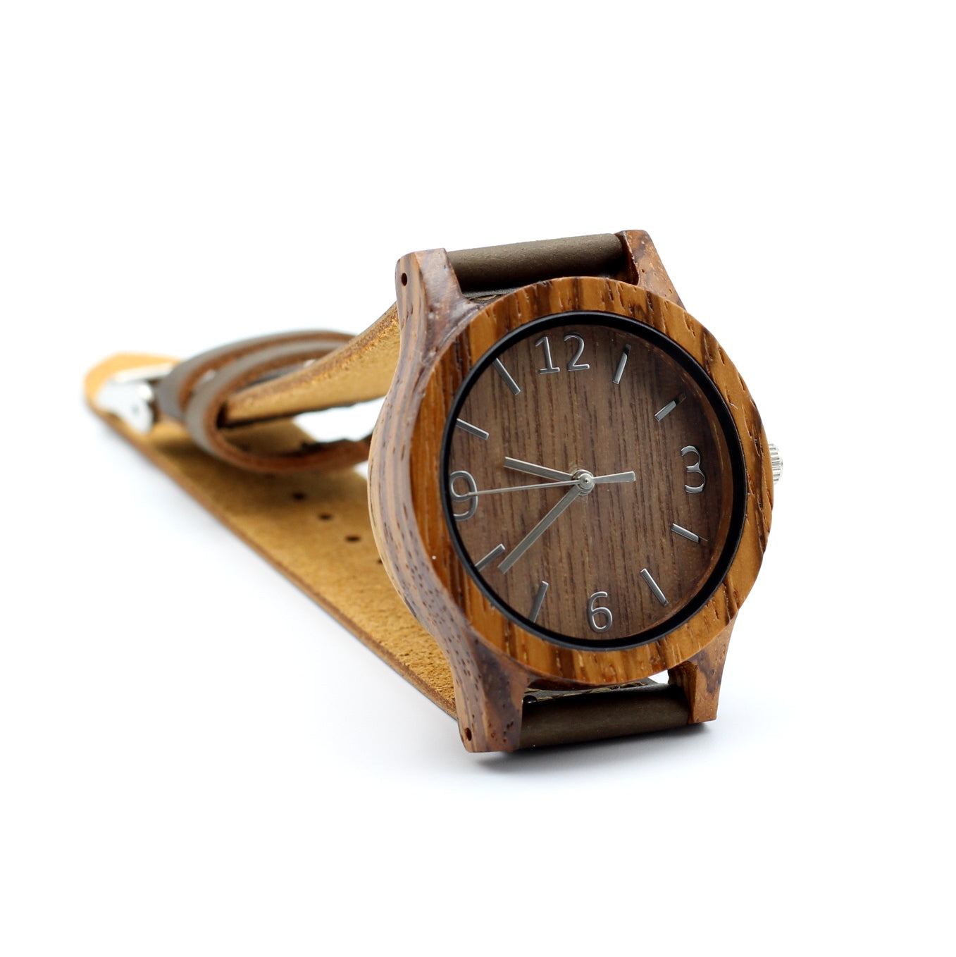 Ladies wooden watch, the Cara Silver, featuring a zebra wood case with silver dials and brown leather strap, personalise it for only R100. Hashtag Bamboo, South Africa.