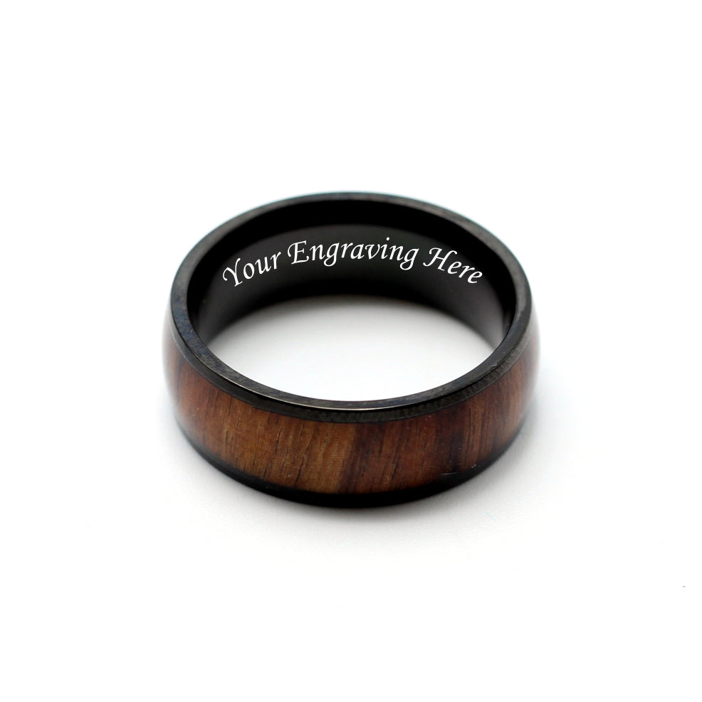 Mens black titanium ring with koa wood inlay, engrave your special message. Personalise your ring with Hashtag Bamboo.