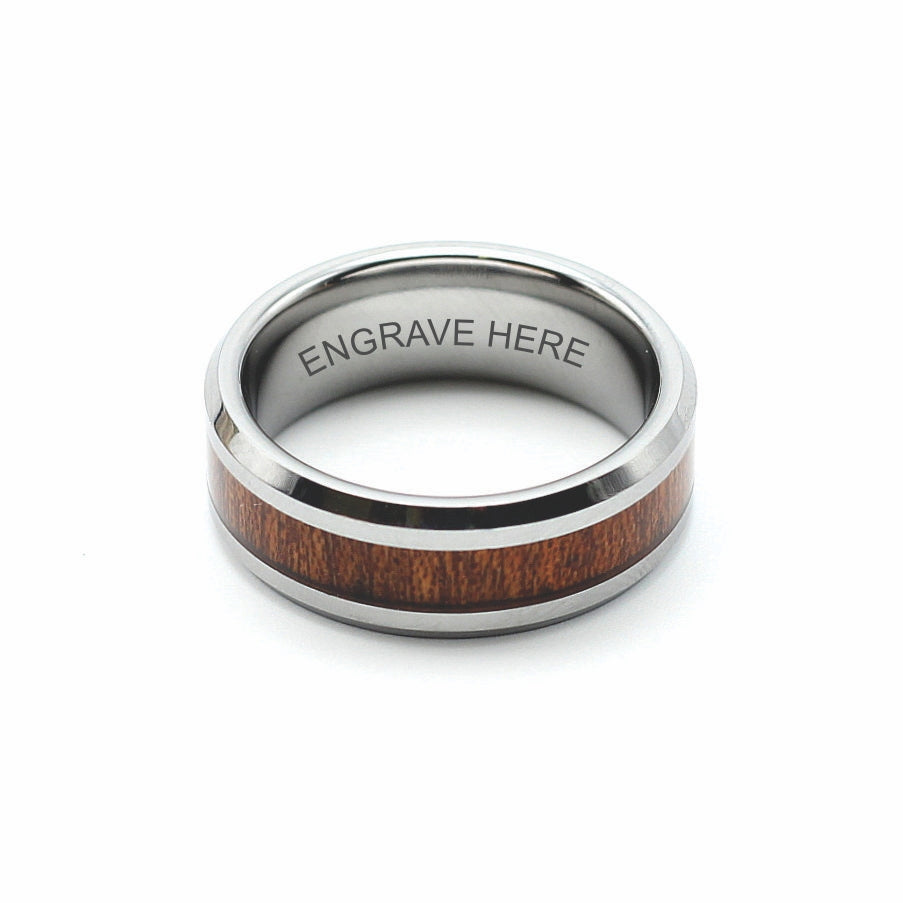 ENGRAVE HERE. 8mm silver tungsten ring with koa wood inlay. Personalise your rings for only R60.