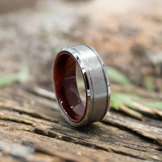Men's wedding band brushed silver tungsten ring with lines and rosewood inlay. Hashtag Bamboo orbit.