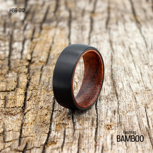 Men's Black Brushed Tungsten Ring with Wood Sleeve - Hashtag Bamboo
