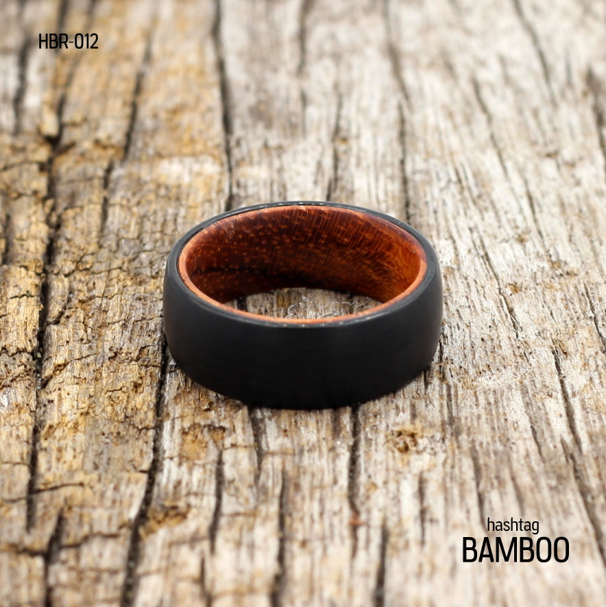Men's Black Brushed Tungsten Ring with Wood Sleeve - Hashtag Bamboo