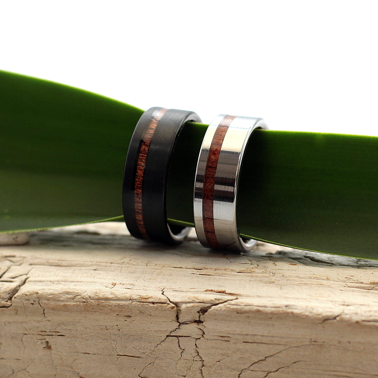 Men's black tungsten ring with koa wood offset inlay, 8mm, men's wedding band, engrave a message, hashtag bamboo.