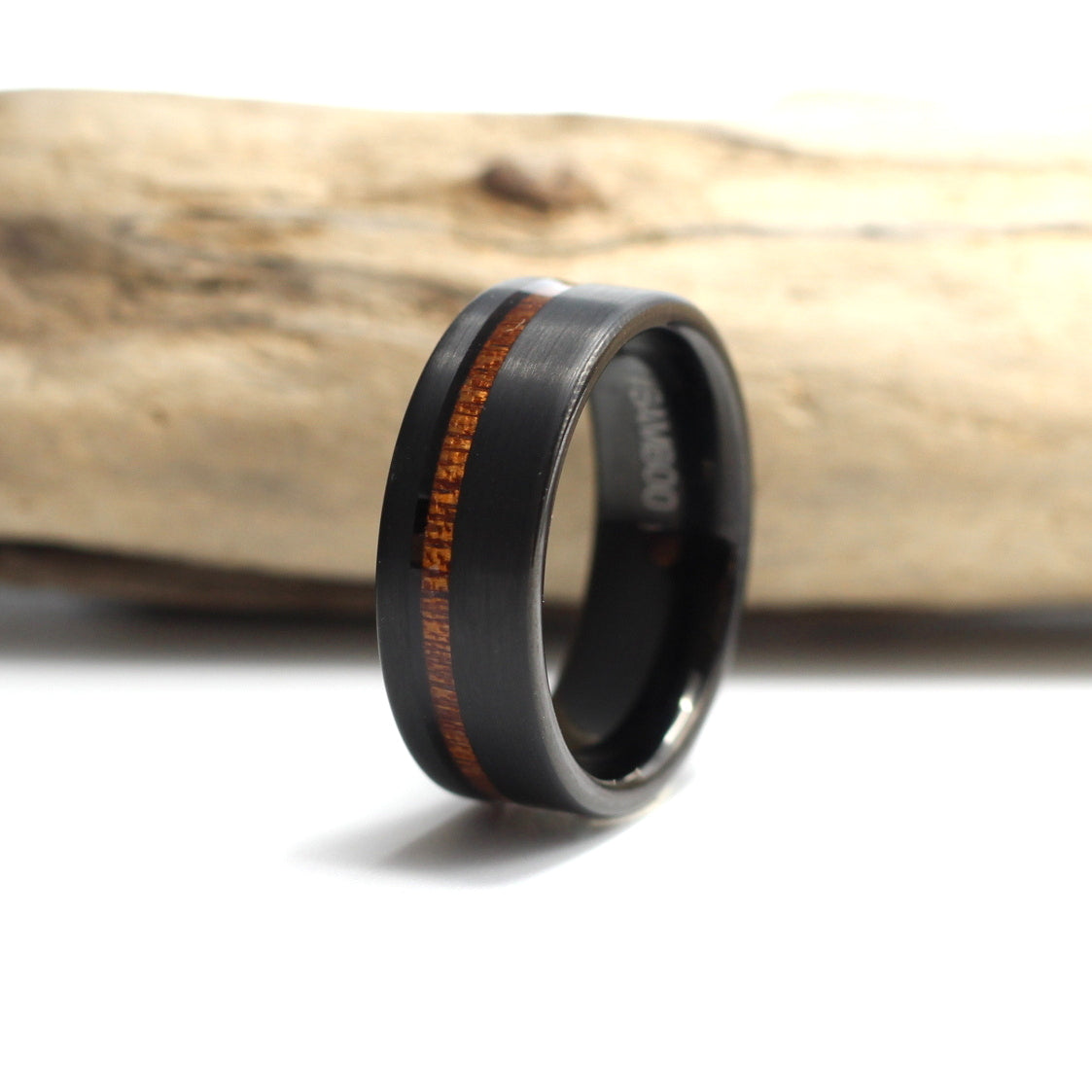Men's black tungsten ring with koa wood offset inlay, 8mm, men's wedding band, engrave a message, hashtag bamboo.