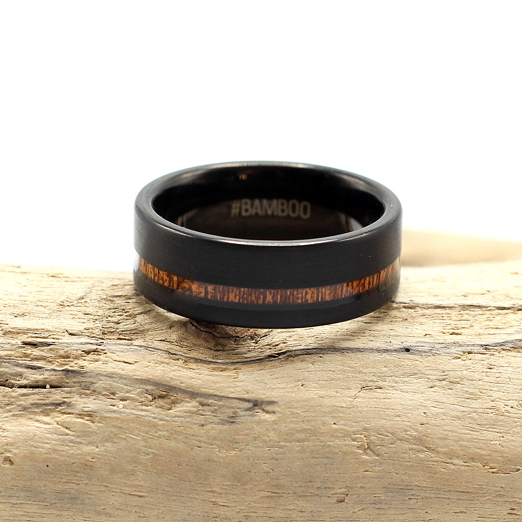 Men's black tungsten ring with koa wood offset inlay, 8mm, men's wedding band, engrave a message, hashtag bamboo.