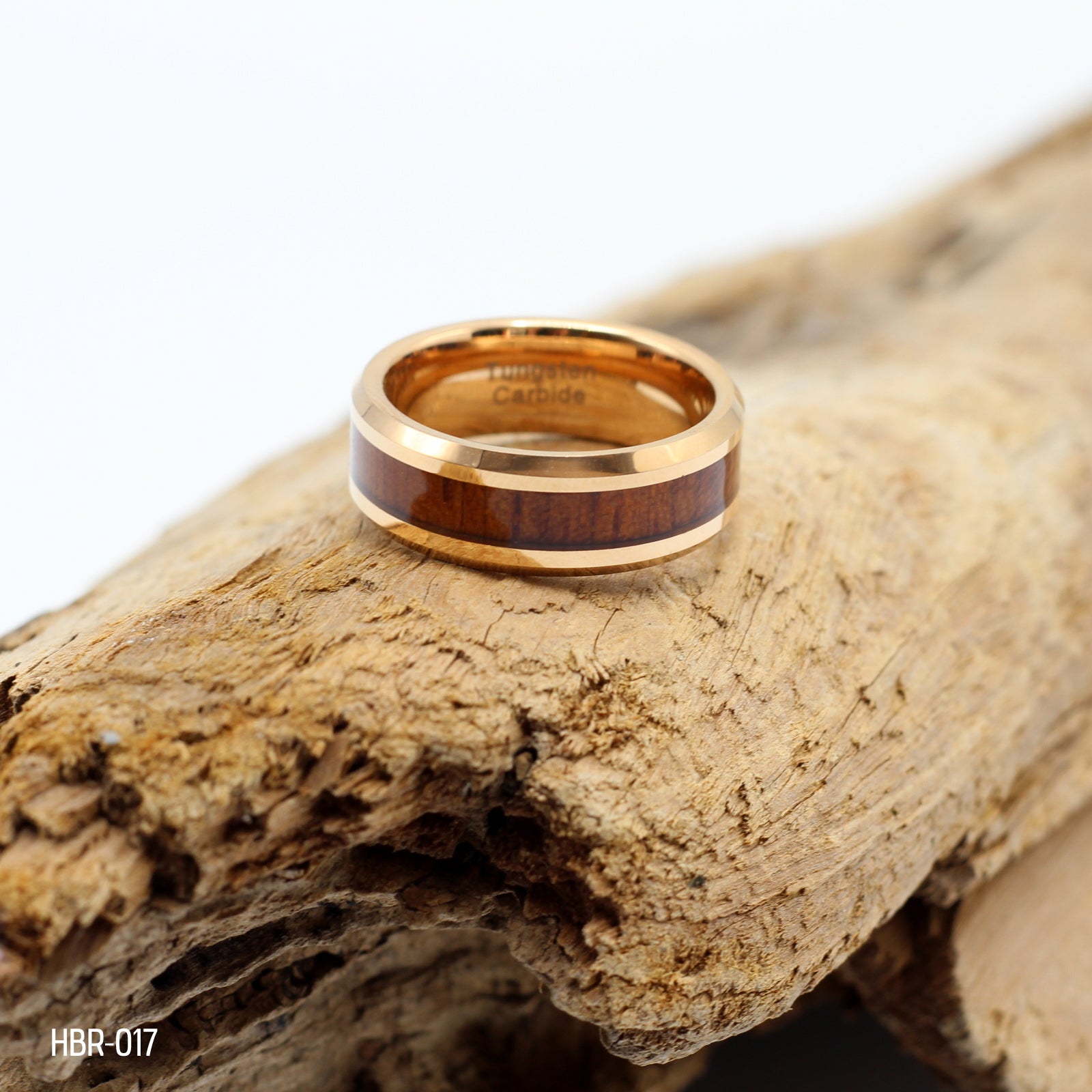 Men's Rose Gold Tungsten Ring with Koa Wood Inlay - Hashtag Bamboo. Personalise your ring, fast delivery.