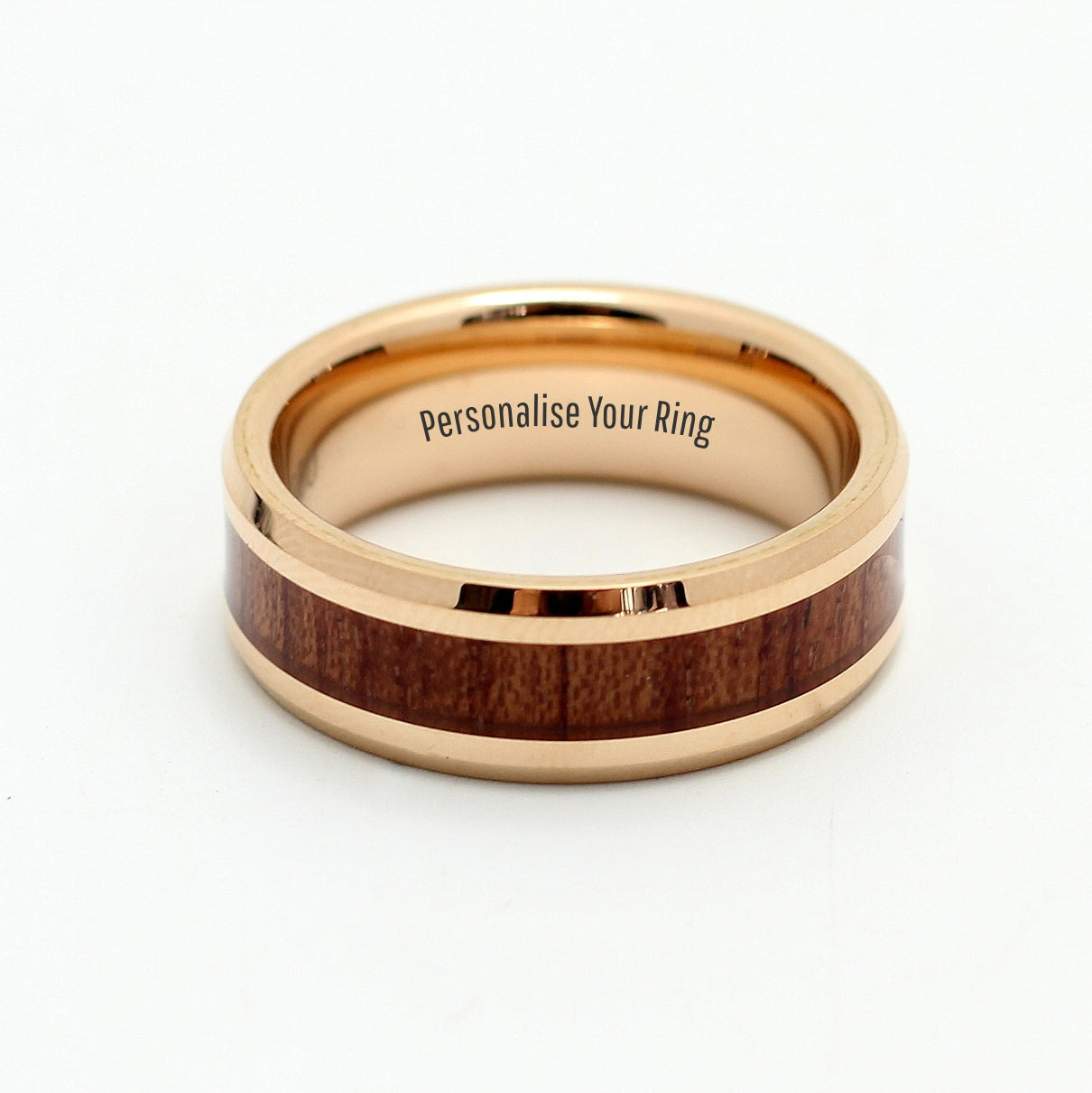 Men's Rose Gold Tungsten Ring with Koa Wood Inlay - Hashtag Bamboo. Personalise your ring, fast delivery.