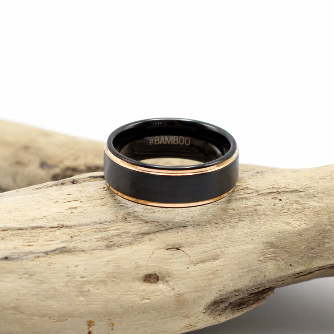 Men's Black Tungsten Ring with Rose Gold Bevelled Edge - Hashtag Bamboo
