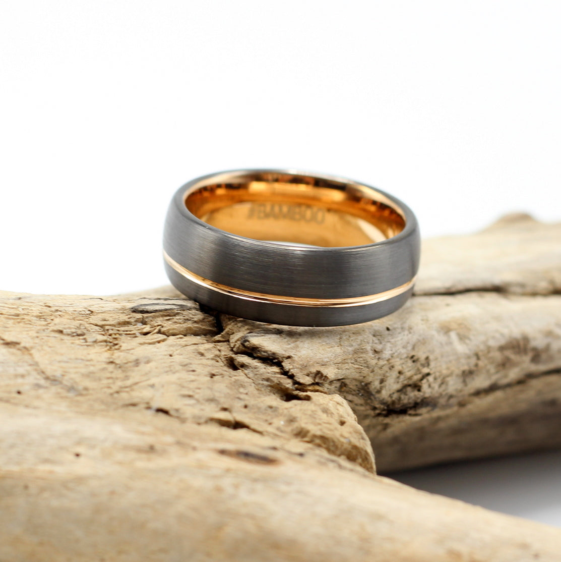 Manly metal gunmetal grey tungsten ring with rose gold inlay, men's 8mm wedding band, personalise your ring for R80.