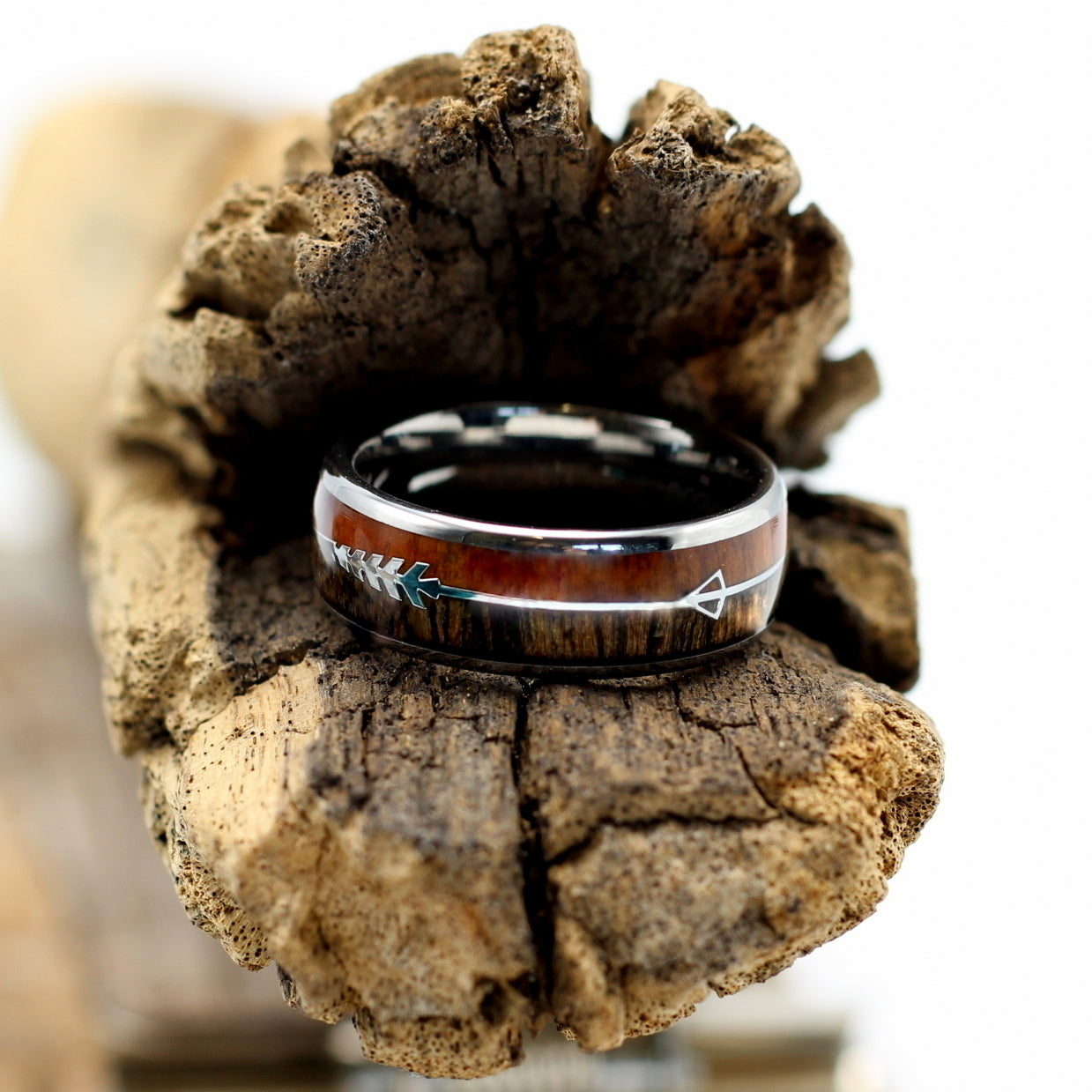 Men's silver tungsten ring arrow insert double koa wood inlay, 8mm band, wedding rings, warrior, engrave a message on the inside.