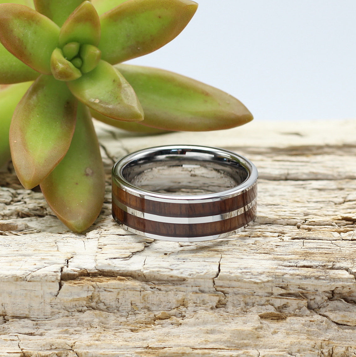 Men's Silver Tungsten Ring with Double Wood Inlay - Hashtag Bamboo