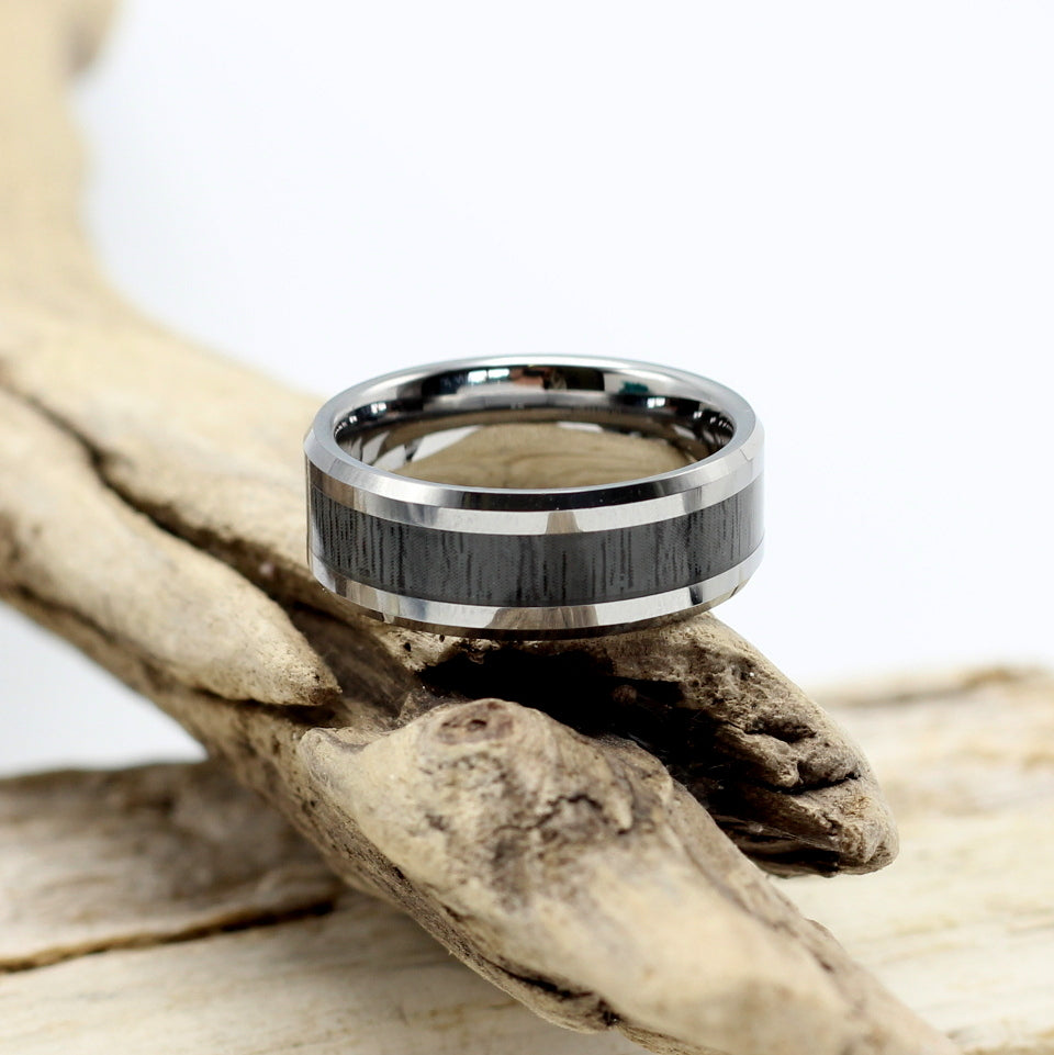 Men's Silver Tungsten Ring with Dark Ash Wood 8mm - Hashtag Bamboo