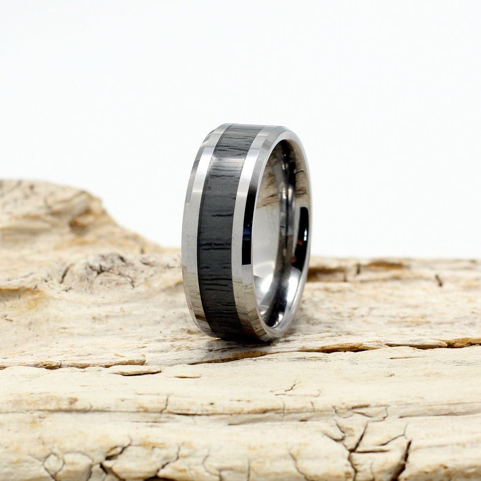 Men's Silver Tungsten Ring with Dark Ash Wood 8mm - Hashtag Bamboo