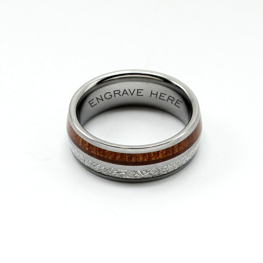 Men's 8mm silver tungsten band with meteorite and koa wood inlay, wedding rings, gents, . Hashtag Bamboo, personalise your ring, engrave a message. 
