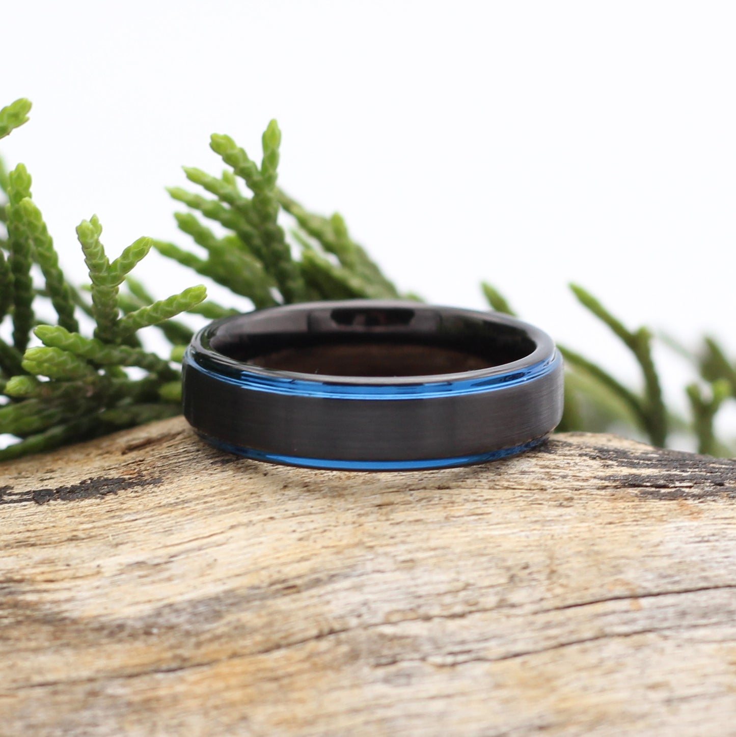 Men's Black Tungsten 6mm Ring with Blue Lines