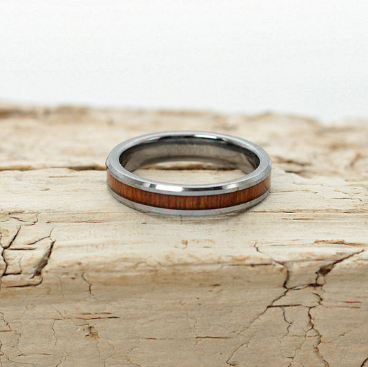 Ladies 4mm Silver Tungsten Band with Koa Wood Inlay, women's ring  with matching men's ring, couples ring. Engrave your special message on the inside.