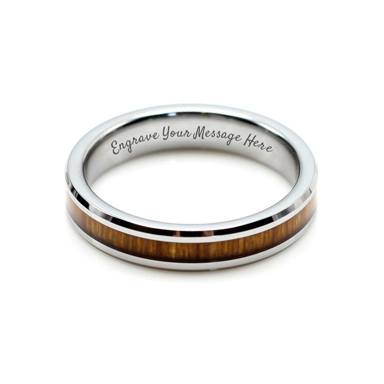 Ladies 4mm Silver Tungsten Band with Koa Wood Inlay, women's ring with matching men's ring, couples ring. Engrave your special message on the inside.