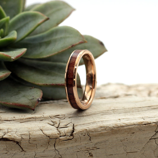 Ladies rose gold tungsten ring with koa wood inlay, 4mm band, matching men's ring available, Hashtag Bamboo, orbit rings.
