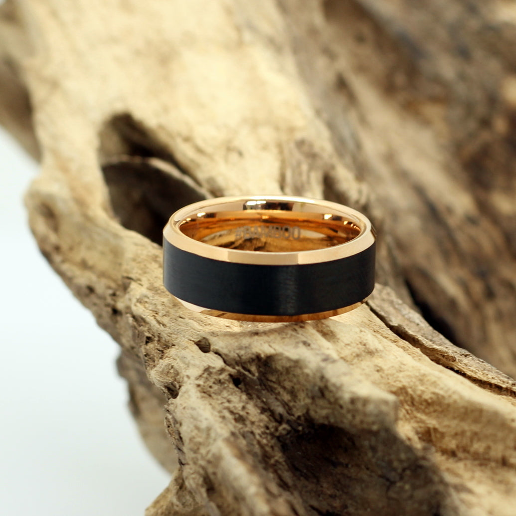Men's black tungsten ring with rose gold bevelled edges and inner sleeve, 8mm wedding band, engrave a special message, Hashtag Bamboo, South Africa.