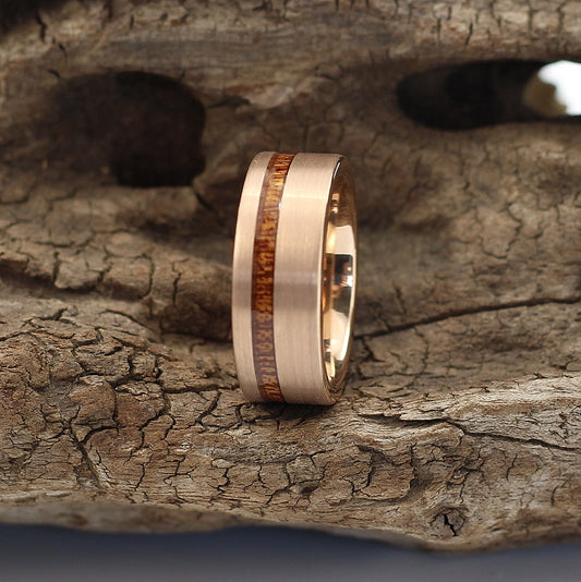 Men's brushed rose gold 8mm band with offset koa wood inlay, wedding rings, hashtag bamboo, orbit, South Africa.