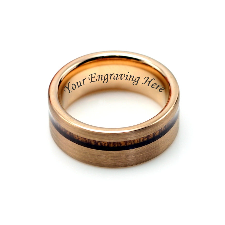 Men's brushed rose gold 8mm band with offset koa wood inlay, wedding rings, we can engrave on your ring for only R80.