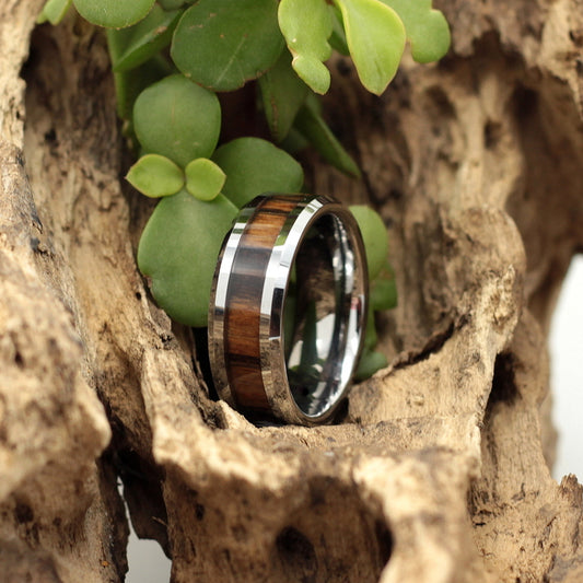 Men's Silver tungsten ring with zebra wood inlay, 8mm men's wedding band. Add in-house engraving for R100. 