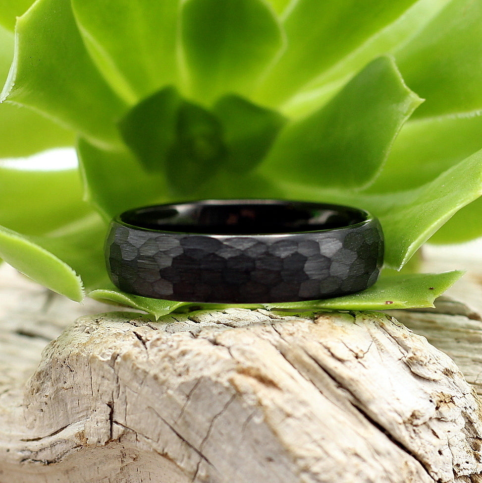 Men's black hammered tungsten ring, 6mm wedding band with matt hammer finish. New trend for 2021 in men's jewellery. Hashtag Bamboo SA.