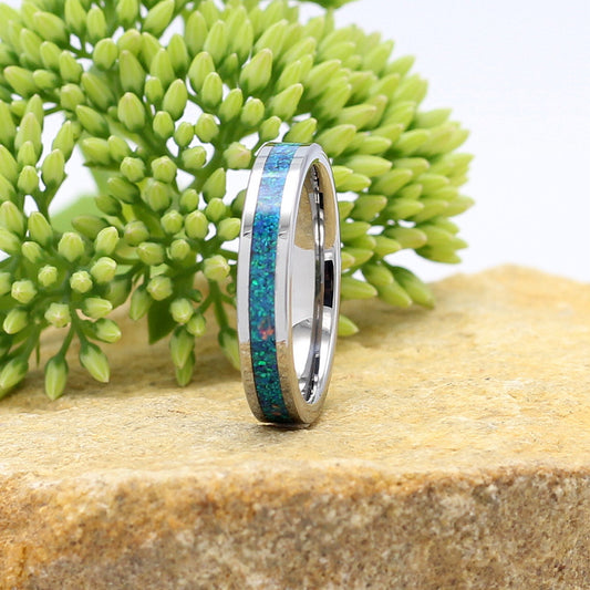 LADIES RING Silver Tungsten with Blue Opal 4mm Band