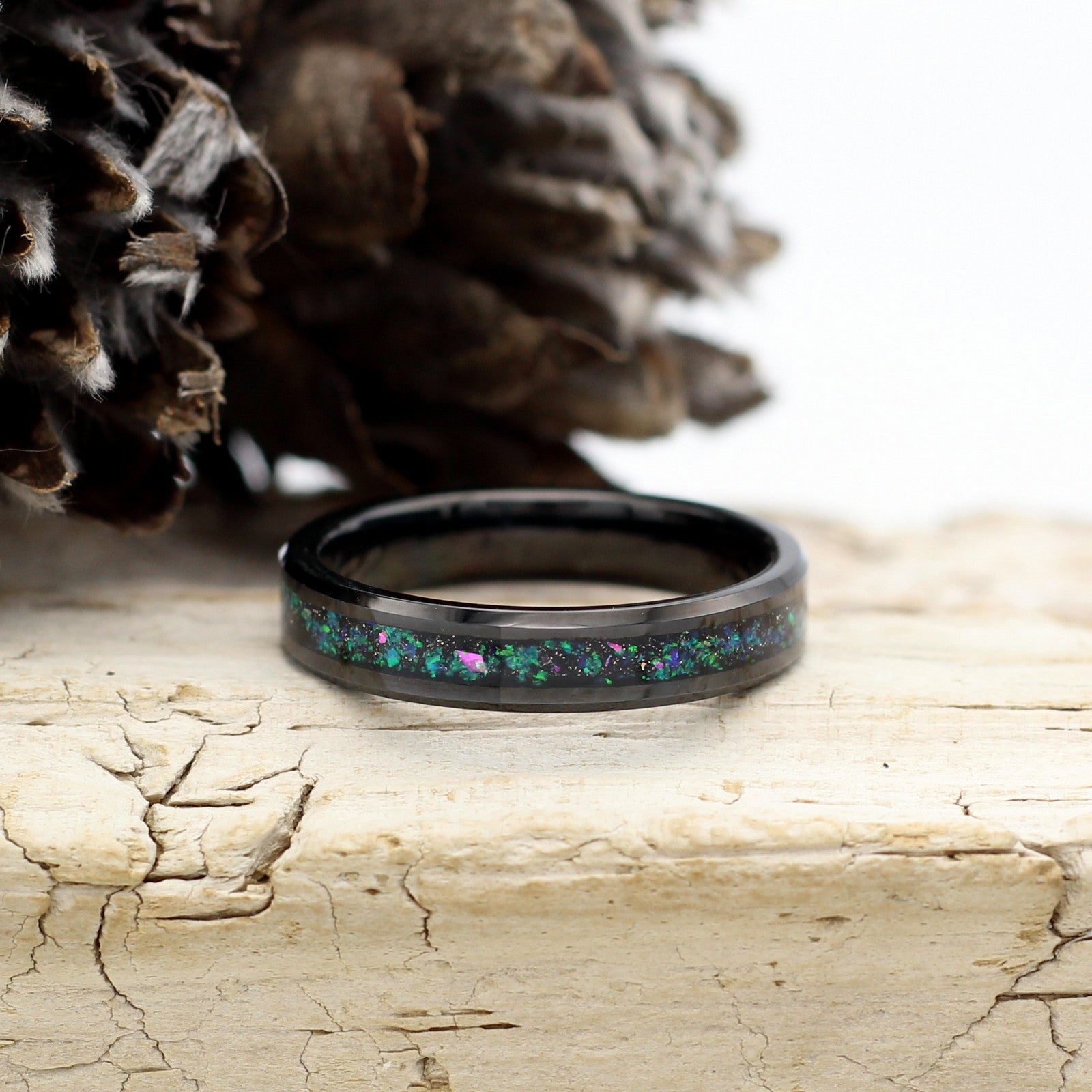 LADIES RING Black Tungsten with Galaxy Opal 4mm Band