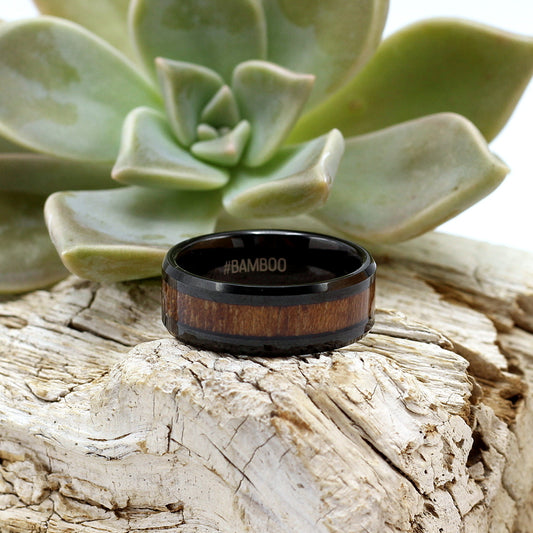 Men's black tungsten with koa wood inlay, 8mm wedding band, engrave a message, delivery within 48 hrs.