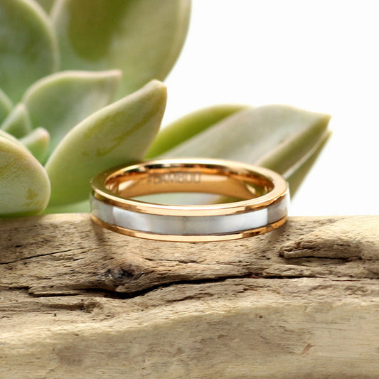 Ladies rose gold tungsten ring with mother of pearl inlay, 4mm band, engrave a special message.