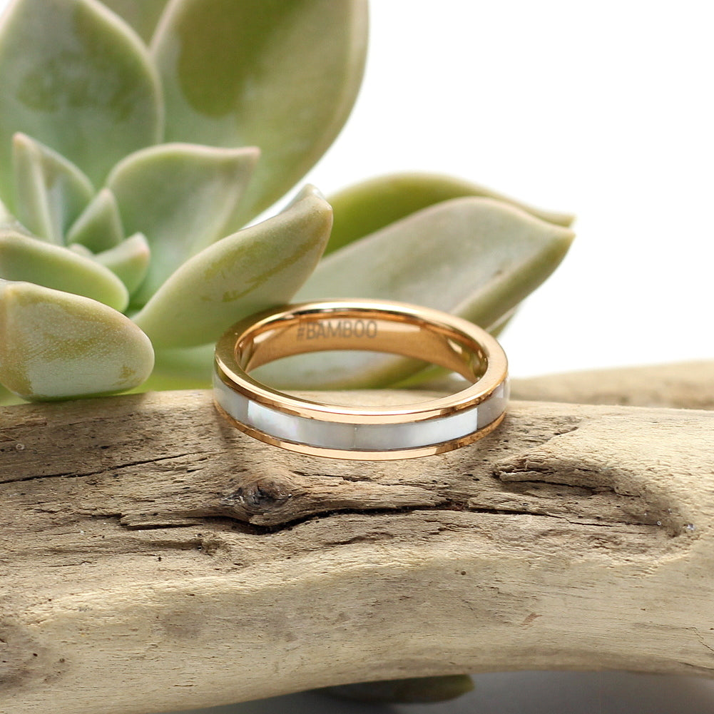 Ladies rose gold tungsten ring with mother of pearl inlay, 4mm band, engrave a special message.