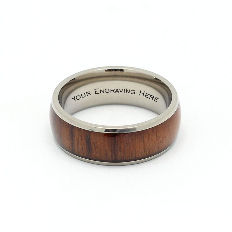 Silver titanium mens wedding band with koa wood inlay, engrave a special message on the inside of the ring for only R80. Fast and friendly service by Hashtag Bamboo.