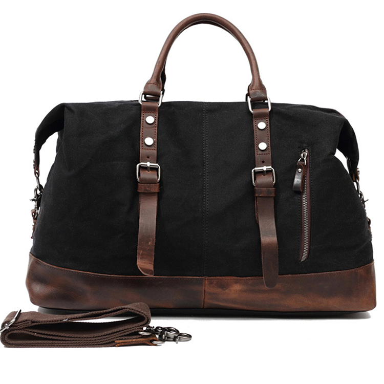 HOLDALL BLACK Waxed Canvas Genuine Leather Travel Duffel Bag