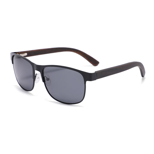 HOLLYWOOD BLACK Men's Metallic Sunglasses Grey Polarised Lens Wooden Arms