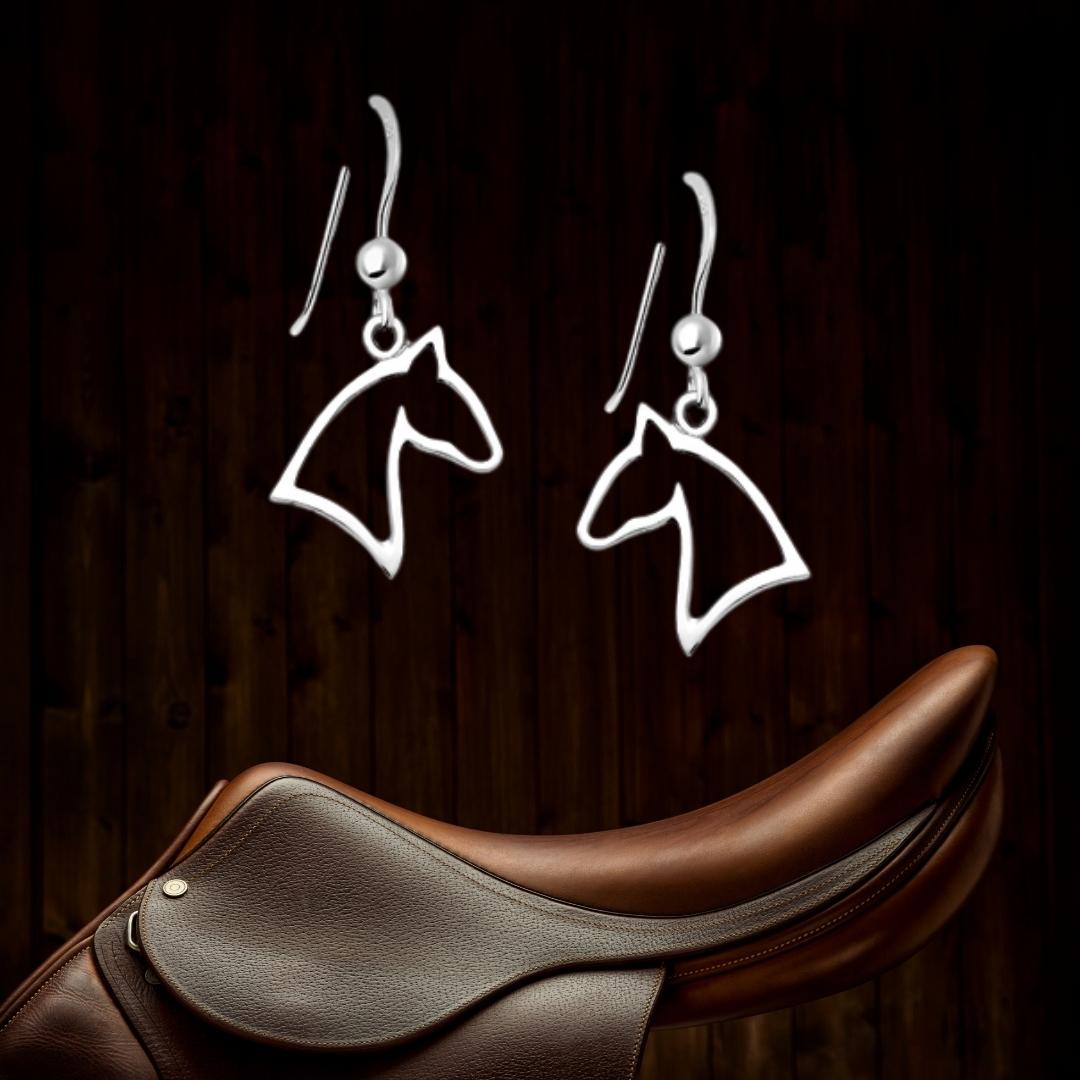 Equestrian gift, horse head 925 silver hook earrings. Matching pendant also available.