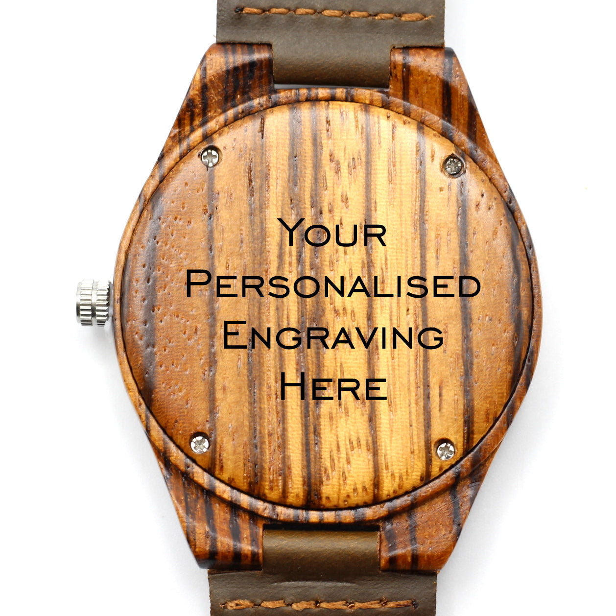 Manly Schnake wooden watch zebra wood with ebony face, silver dials and brown leather strap. Personalise your watch for only R100. Hashtag Bamboo the best supplier of wooden watches in SA.