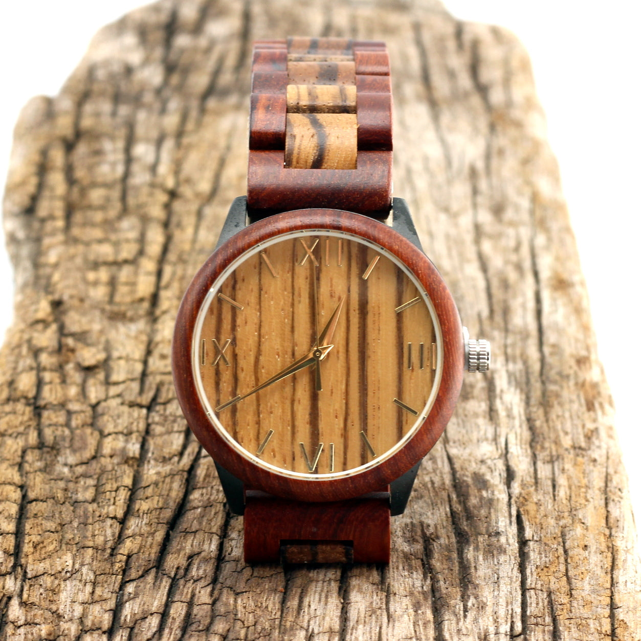 Men's red sandalwood and zebra watch with matching wooden strap, stainless steel case. Engrave your personalised message on the back for R100. Hashtag Bamboo, bewell.