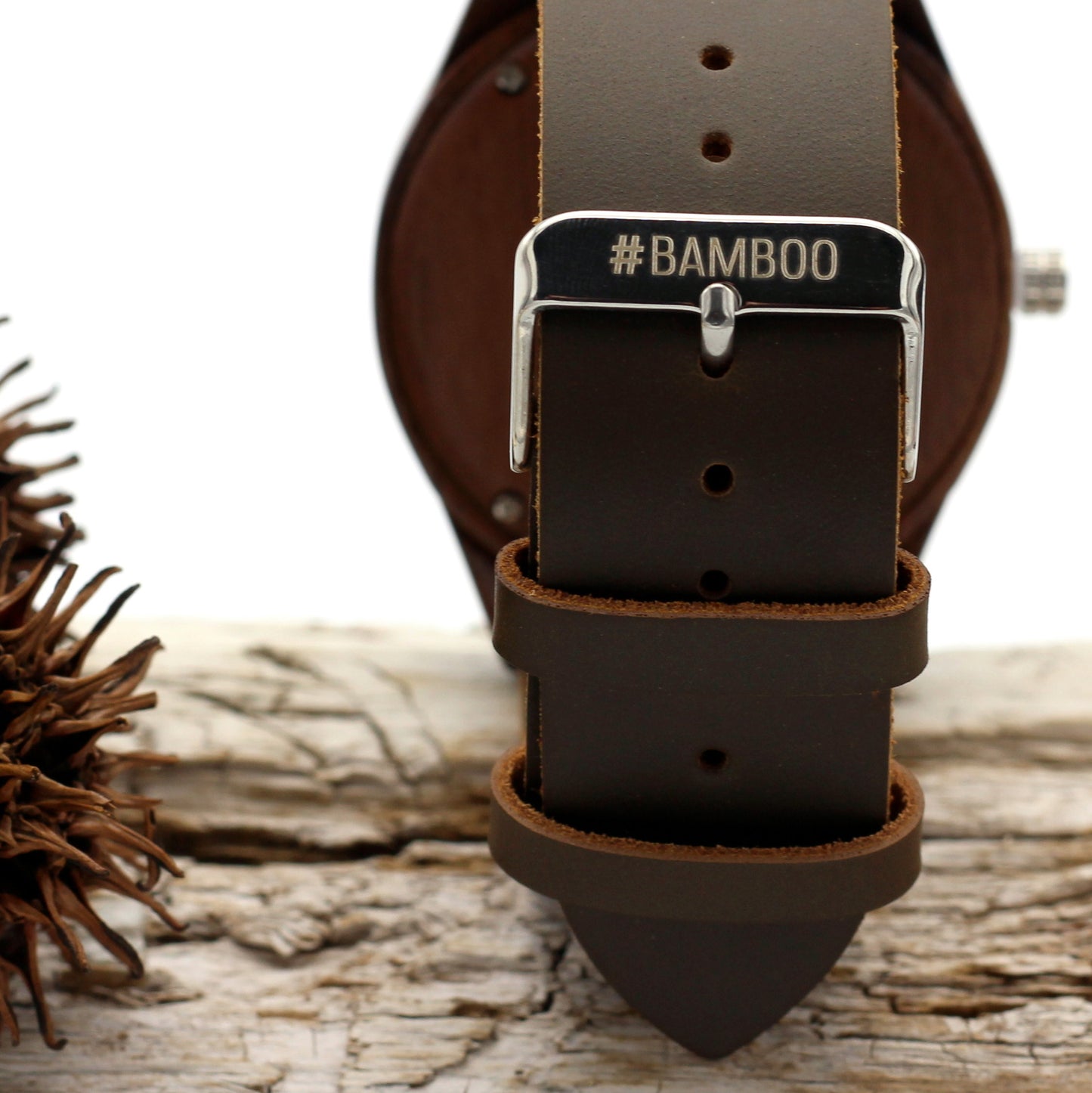 MANLY COCOA Wooden Watch with Brown Leather Strap - Hashtag Bamboo