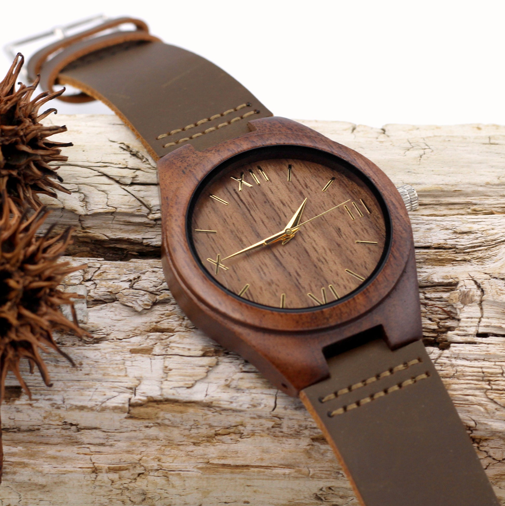 MANLY COCOA Wooden Watch with Brown Leather Strap - Hashtag Bamboo