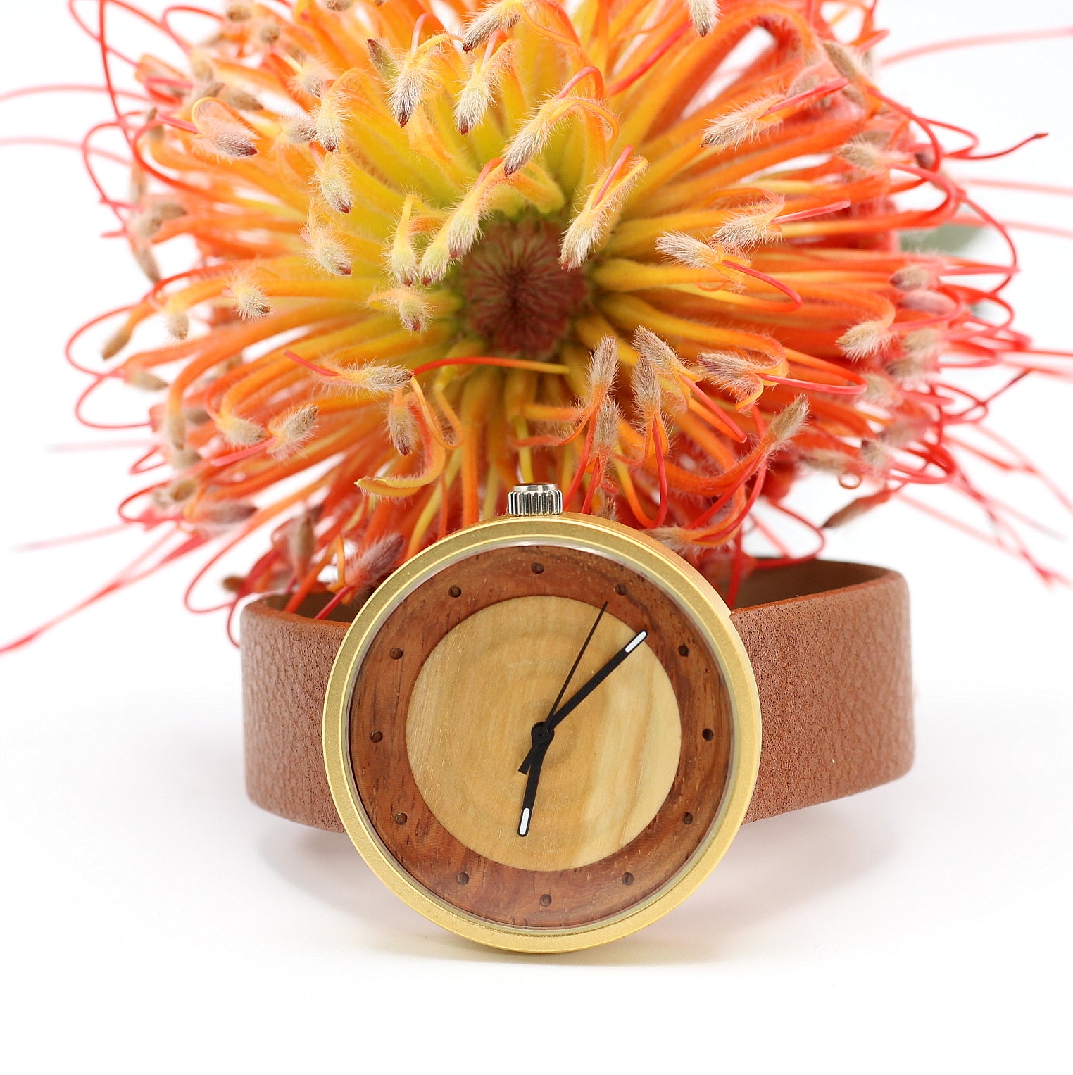 Wood and metal wooden watch  olive and rose wood, tan leather strap, stainless steel fittings. Engrave a short message on the back.