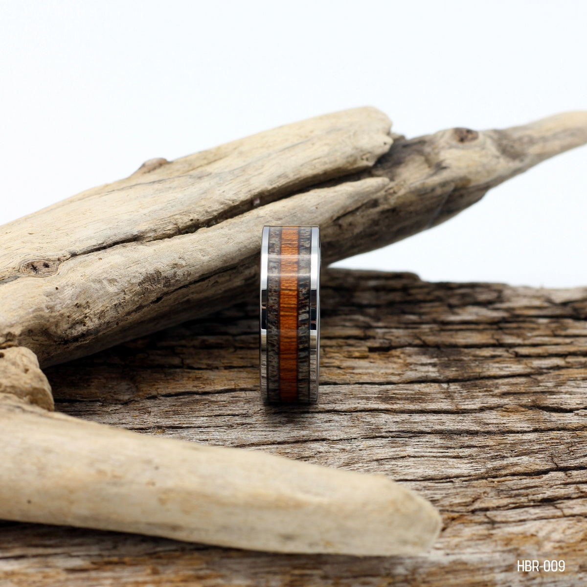 Men's Tungsten Ring with Koa Wood and Antler Inlay - Hashtag Bamboo