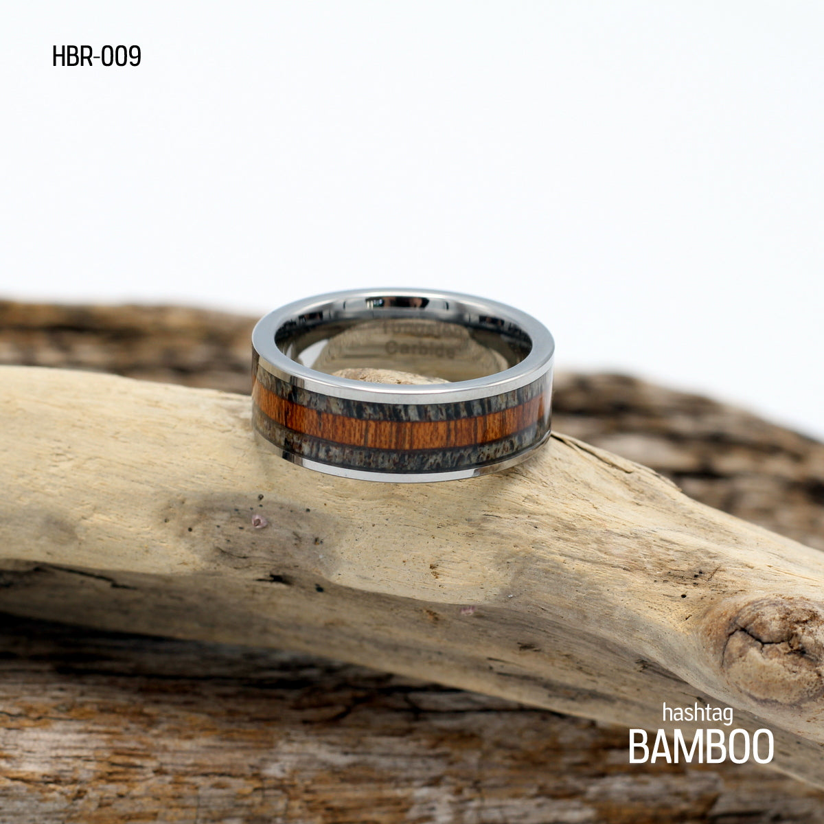 Men's Tungsten Ring with Koa Wood and Antler Inlay - Hashtag Bamboo