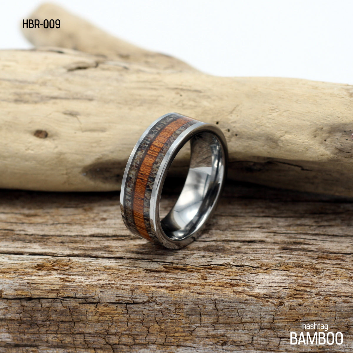 Men's Tungsten Ring with Koa Wood and Antler Inlay - Hashtag Bamboo