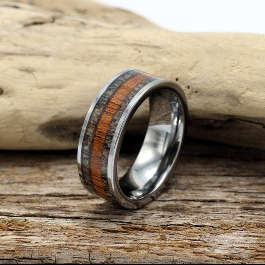 Men's Tungsten Ring with Koa Wood and Antler Inlay - Hashtag Bamboo