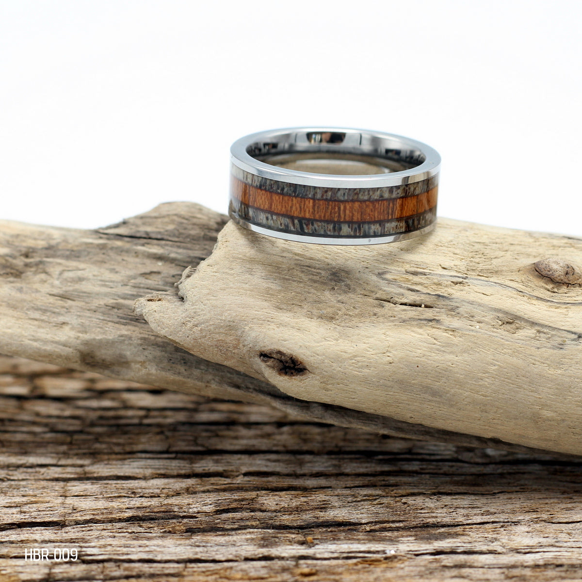 Men's Tungsten Ring with Koa Wood and Antler Inlay - Hashtag Bamboo