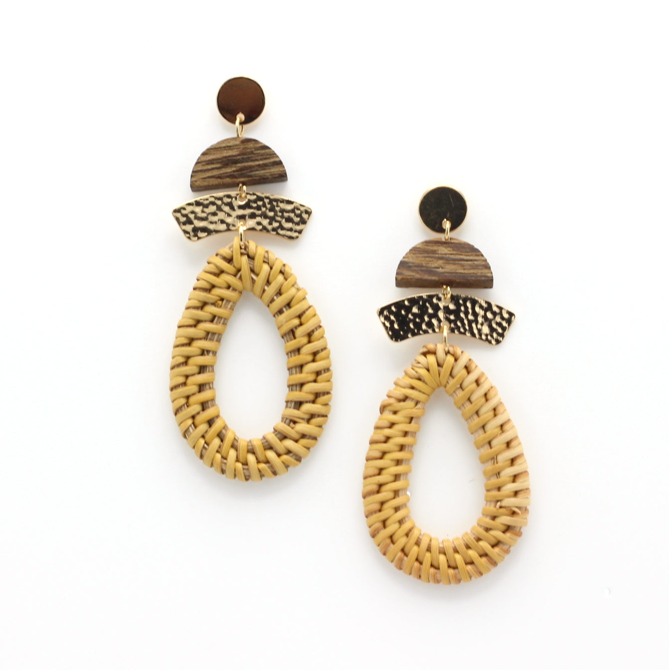 Earrings Handmade Statement Brushed Gold Wood and Rattan - Hashtag Bamboo