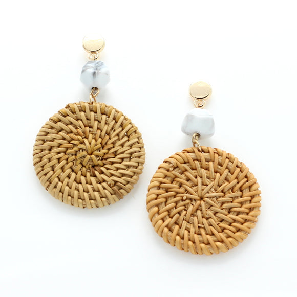 Earrings Drop Handmade Natural Rattan Blue Bead Hashtag Bamboo